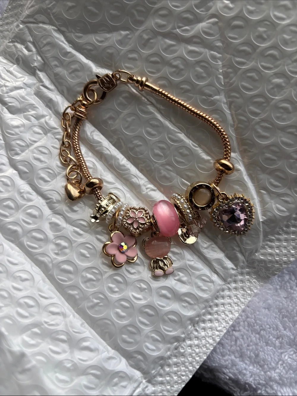 Gold-Tone Pink Charm Bracelet with Heart Pendant